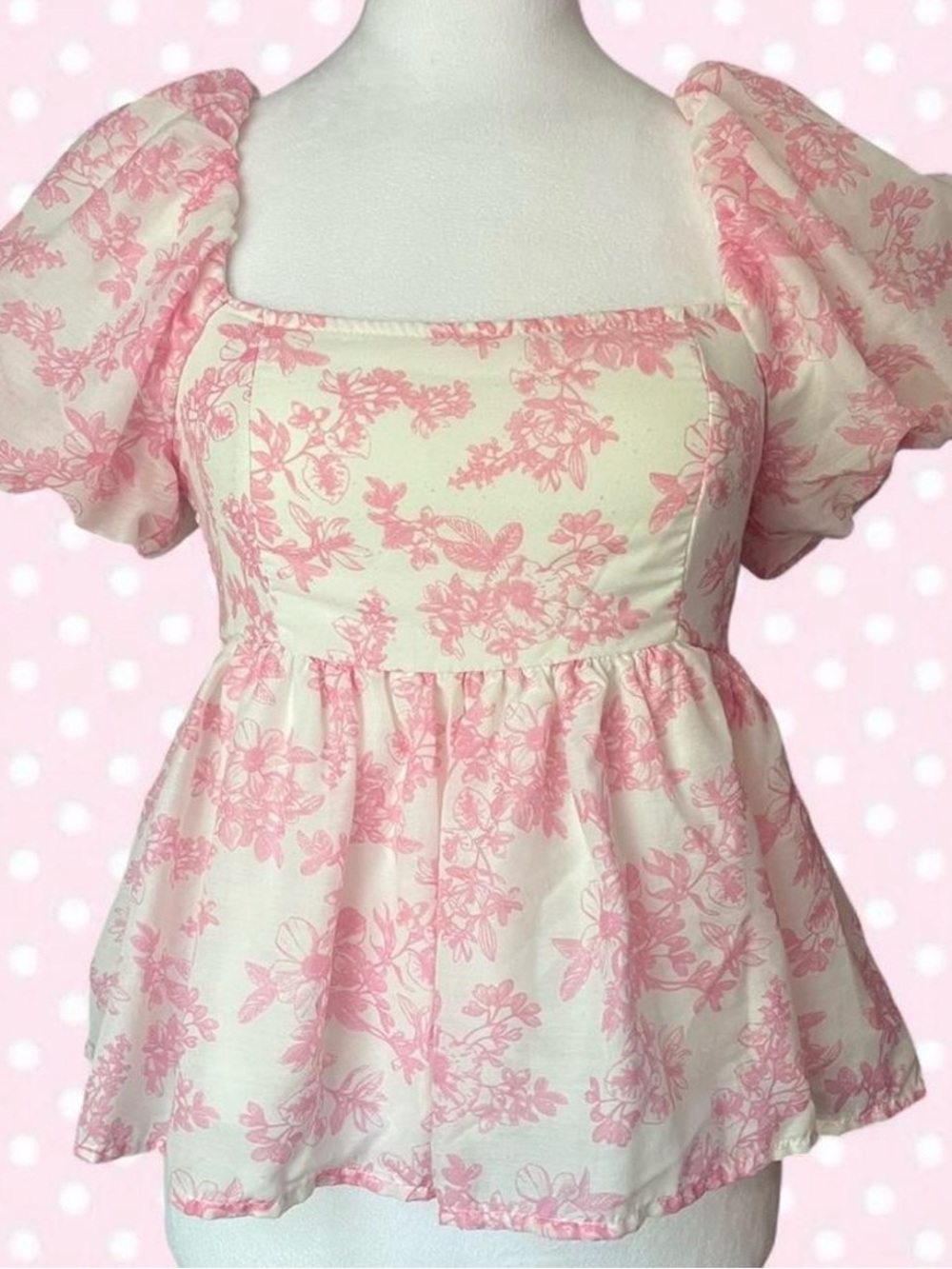 Square-Neck Pink Floral Puff-Sleeve Blouse